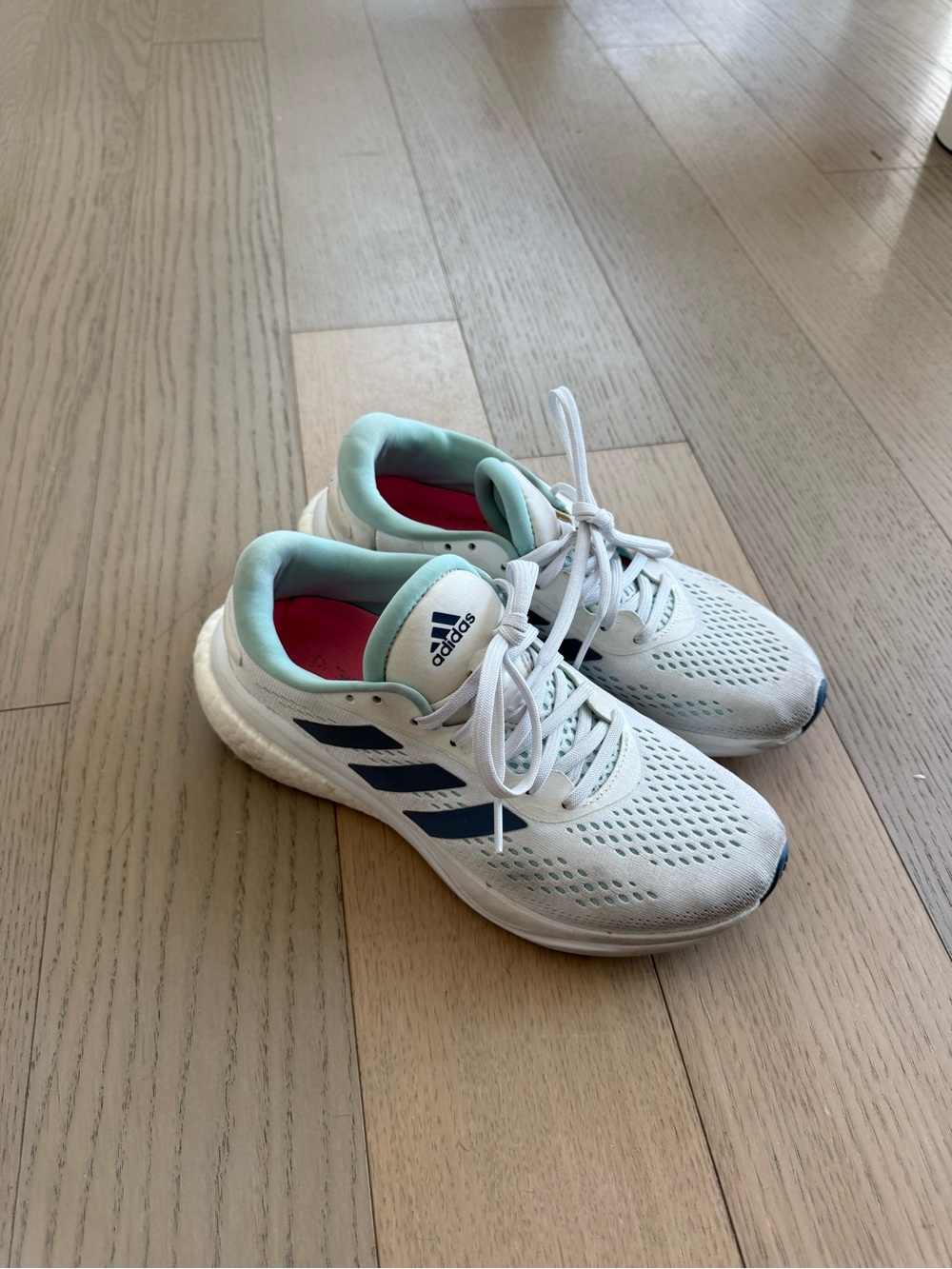 adidas White Sneakers with Navy Stripes and Mint Collar